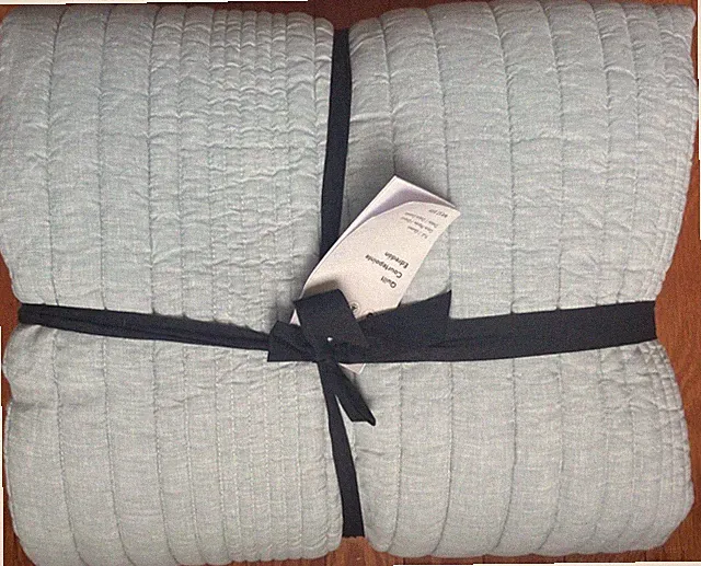NEW $259 WEST ELM European Flax Linen Full/queen Linework QUILT Seafoam Melange