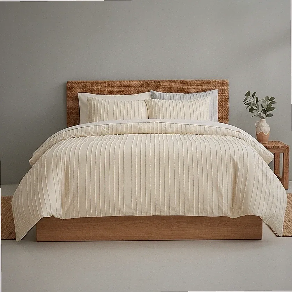 NEW West Elm Beige Cream Boho Queen Size Tufted Fringe Bedding Duvet & Sham Set