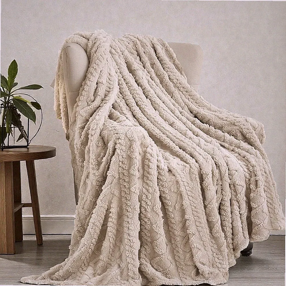 NEW West Elm Beige Ultra Soft Fleece Boho Tufted Fuzzy Throw Blanket - 50" x 60"