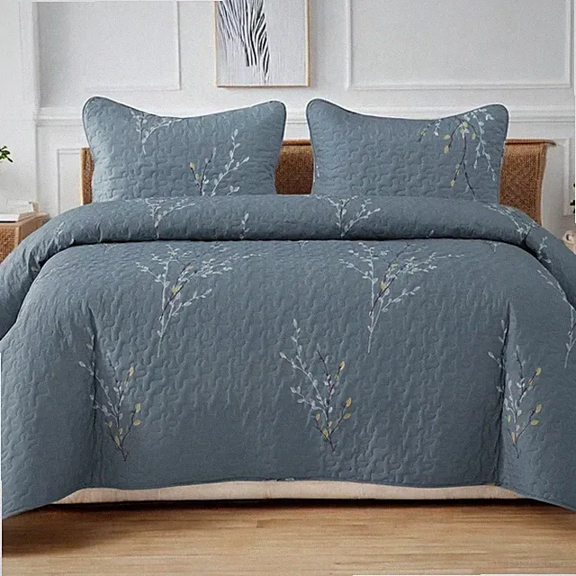 NEW West Elm Blue Queen Size Floral Embroidered Bedspread Quilt Pillow Case Set
