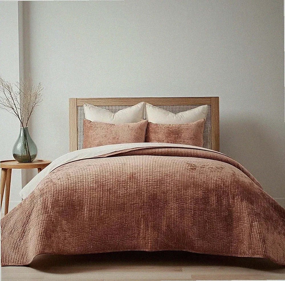 NEW West Elm Velvet Terracotta Rose Queen / King Bedding Comforter & Sham Set
