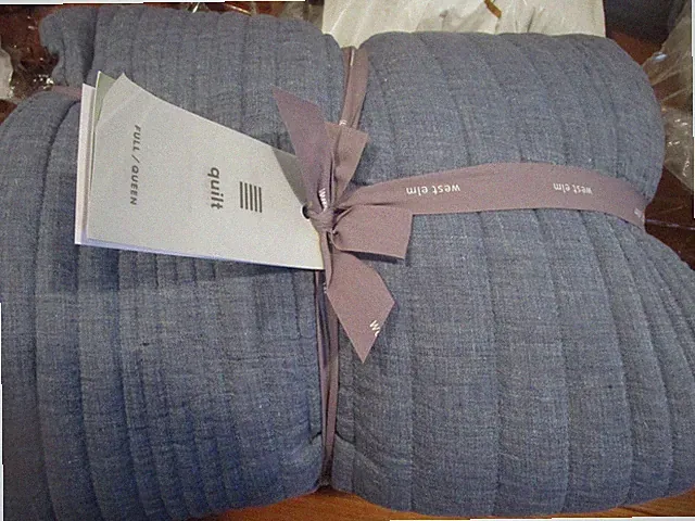 West Elm European Linen Linework Quilt full queen 1 euro sham indigo blue New