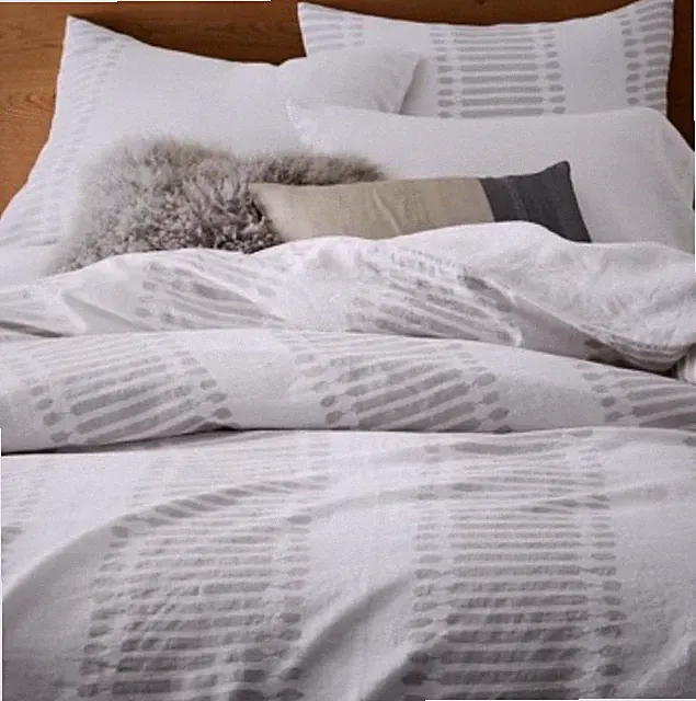 West Elm Frost Gray KING Ikat Stripe 100% Belgian Flax Linen Duvet Cover