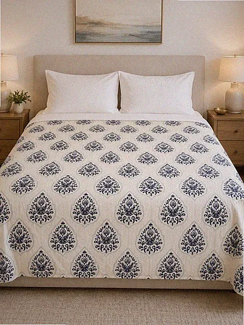 West Elm Queen Duvet Cover Jay Street Block Print Cotton Floral Blue White