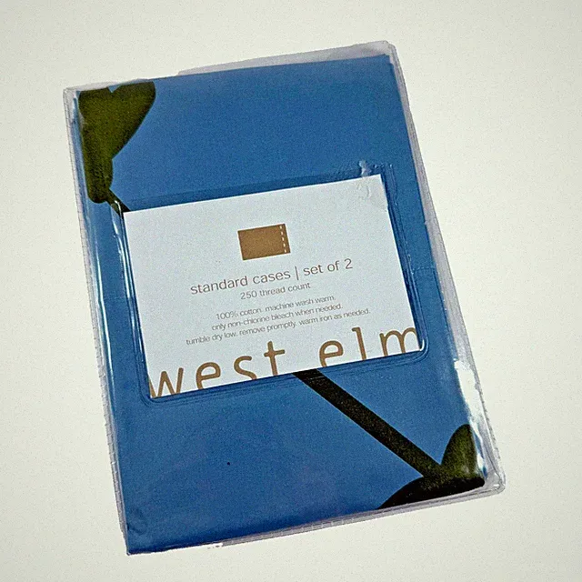 West Elm Set of 2 Standard Size Pillow Cases Blue Green Cotton 250 Thread Ct NWT